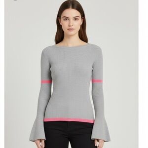 Slate & Willow Gray Pink Stripe Cotton Stretch Ribbed Bell Sleeve Sweater Small